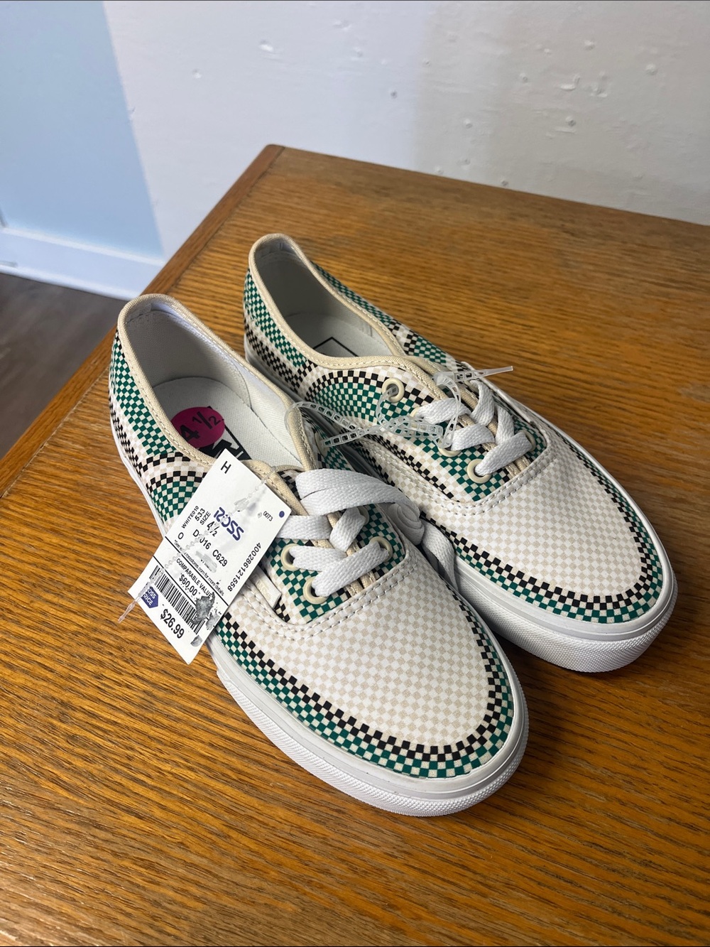 Vans Checkerboard Low-Top Sneakers in Cream, Green and Black